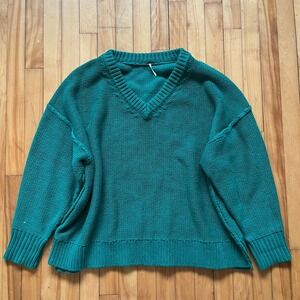 Free People Oversized V Neck Chunky Knit Sweater Green Size L